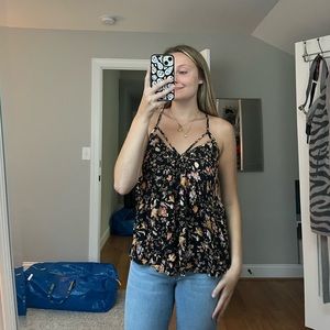 Black Floral Strappy Tank Top
